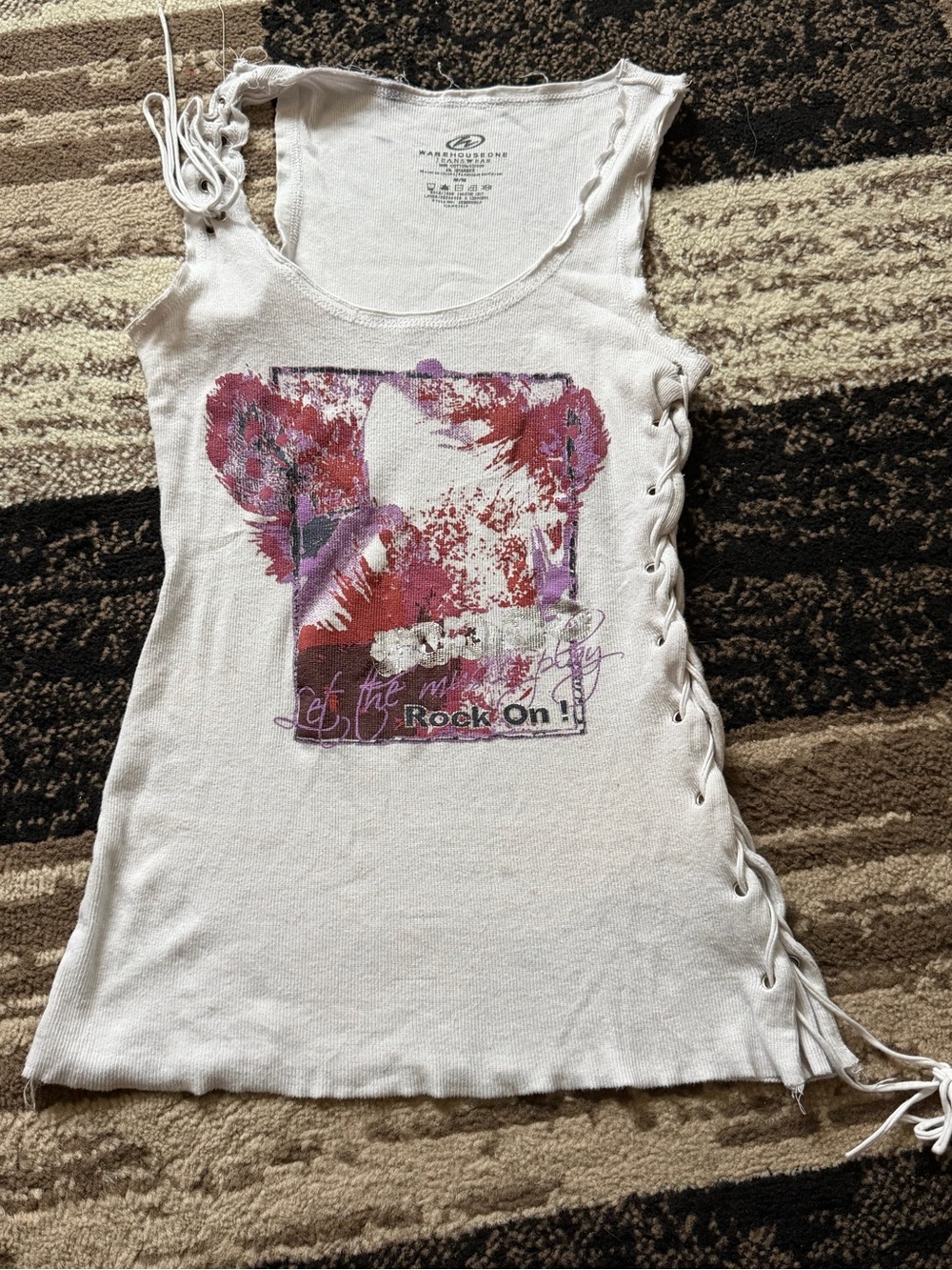 Womens Y2K Warehouseone White side lace up Tank Top with Pink & Purple Graphic